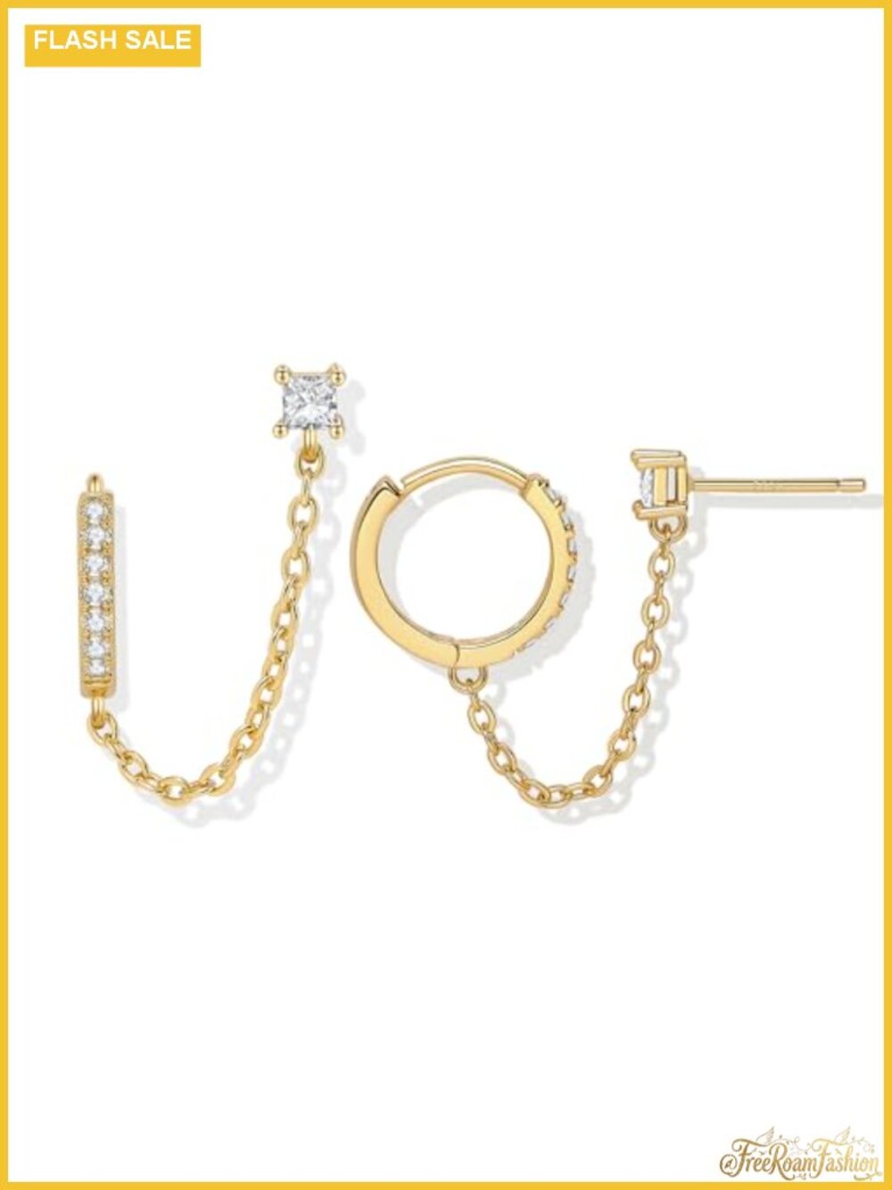 18K Gold Plated Sterling Silver Double Piercing Dangle Chain Huggie Hoop
